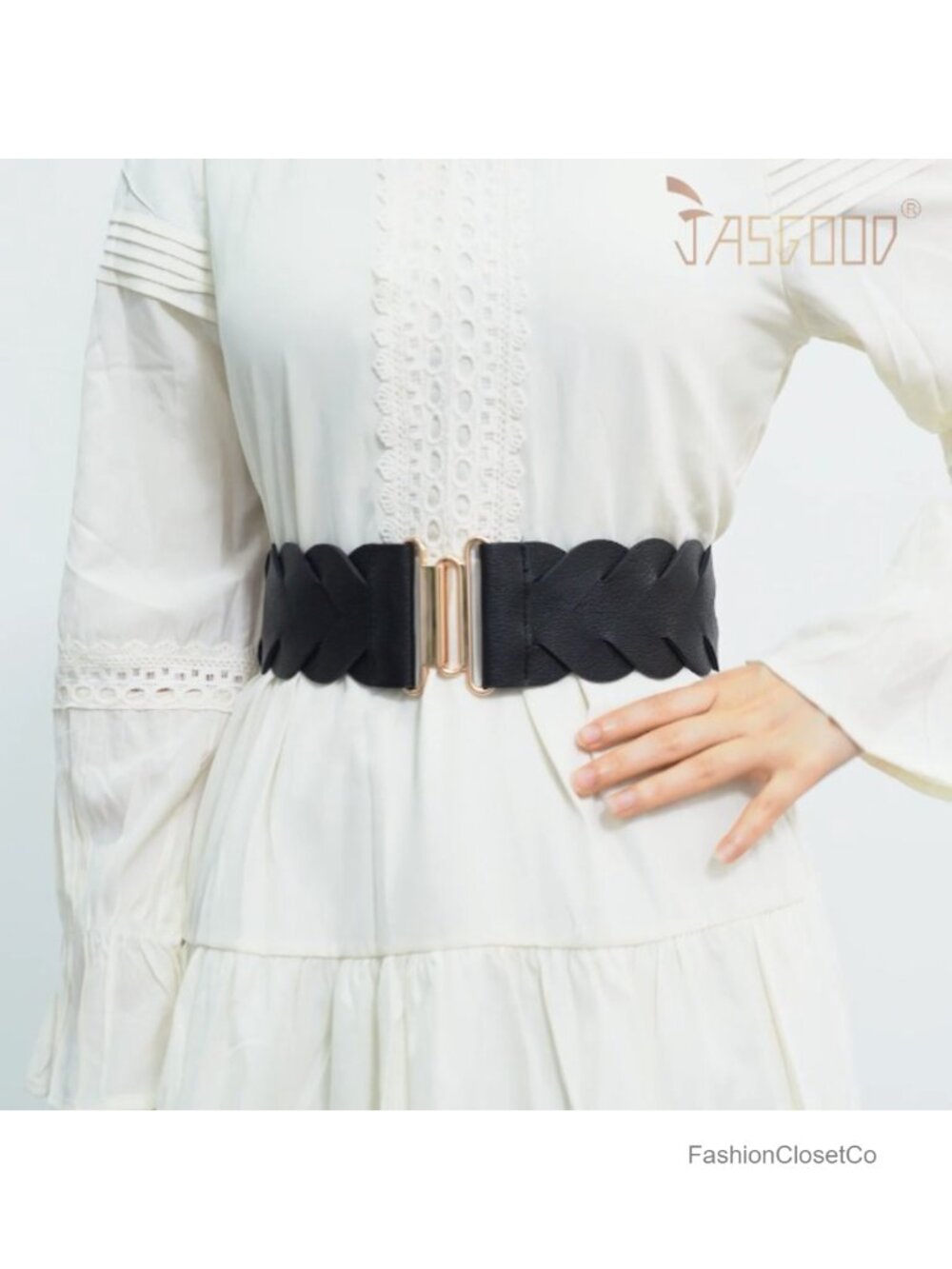 Women's Wide Stretchy Faux Leather Braided Waist Belt with Gold Buckle - Picture 6 of 6
